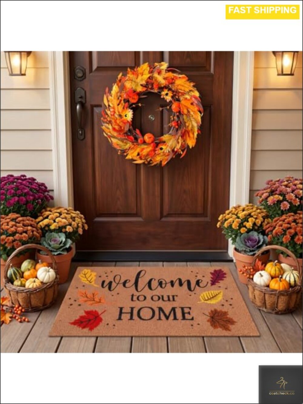 2 Pcs Fall Welcome Doormat & Wreath Set Front Door Autumn Decor 17x29